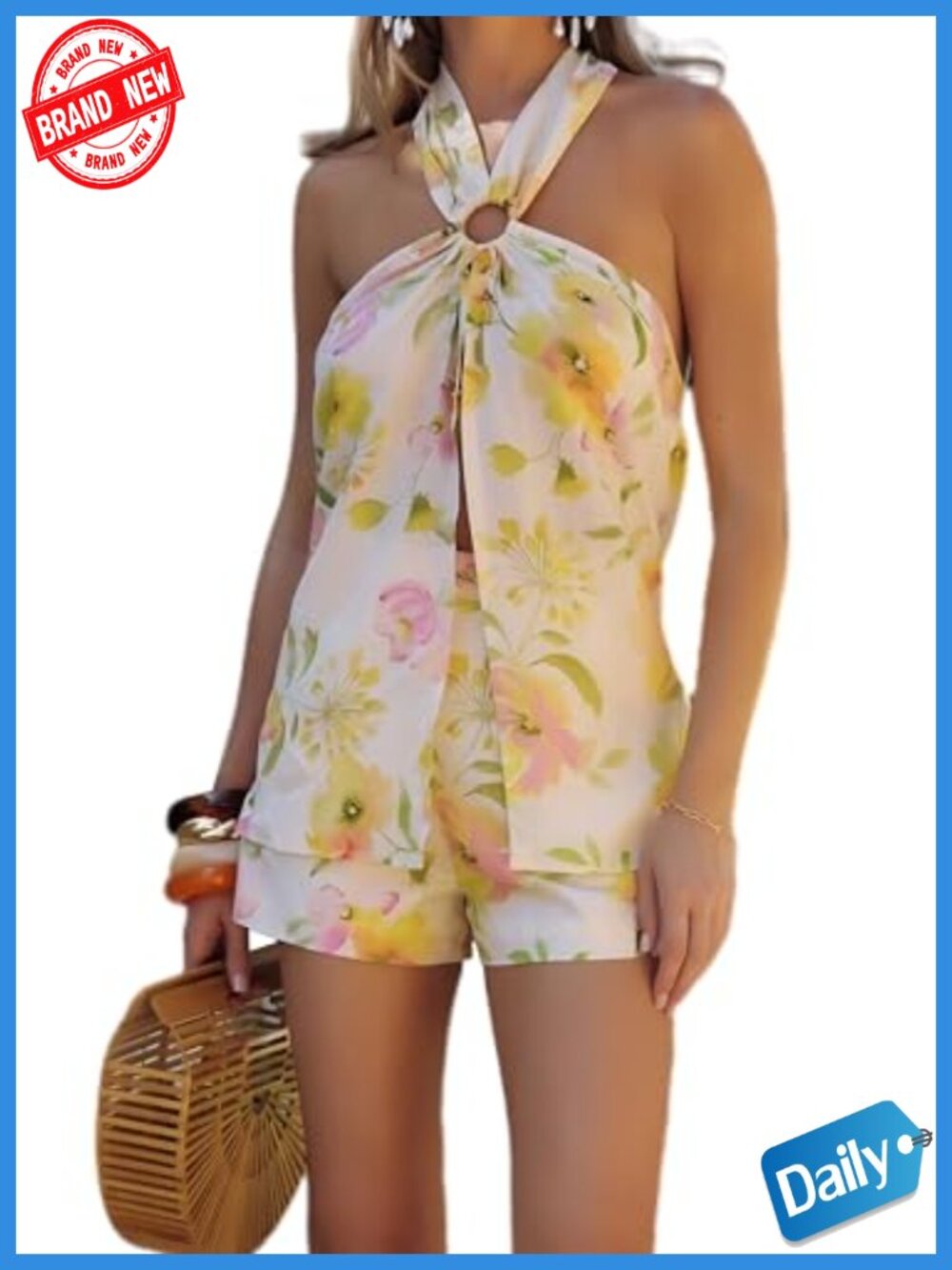 2 Piece Short Set for Women Halter Top High Waisted Shorts Sleeveless Vacation